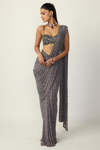 Draped Saree for Indian Wedding – Metallic Gray by Vvani By Vani Vats