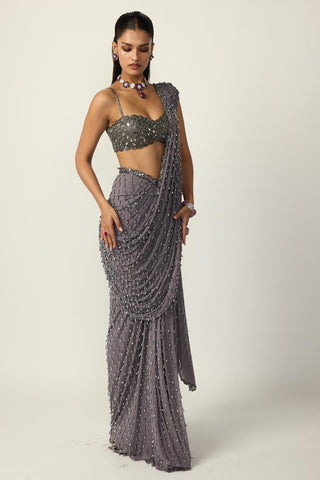 Draped Saree for Indian Wedding – Metallic Gray by Vvani By Vani Vats