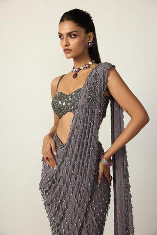 Draped Saree for Indian Wedding – Metallic Gray by Vvani By Vani Vats