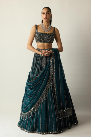 Lehenga Set for Indian Wedding – Green Teal Linear by Vvani By Vani Vats
