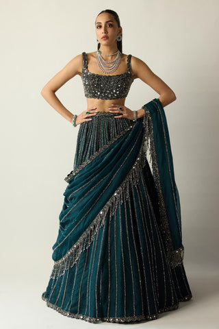 Lehenga Set for Indian Wedding – Green Teal Linear by Vvani By Vani Vats