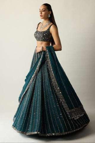 Lehenga Set for Indian Wedding – Green Teal Linear by Vvani By Vani Vats