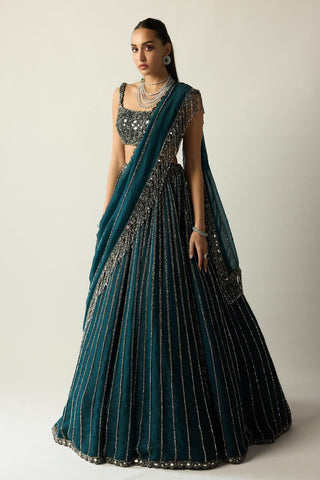 Lehenga Set for Indian Wedding – Green Teal Linear by Vvani By Vani Vats