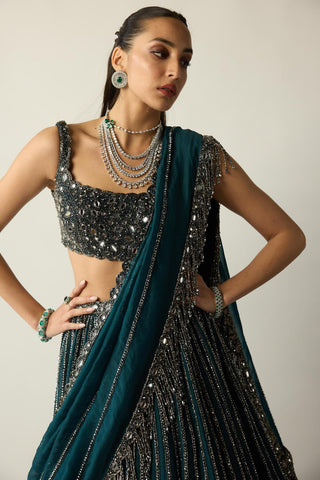 Lehenga Set for Indian Wedding – Green Teal Linear by Vvani By Vani Vats