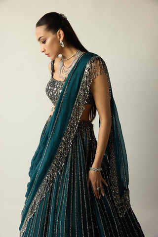 Lehenga Set for Indian Wedding – Green Teal Linear by Vvani By Vani Vats