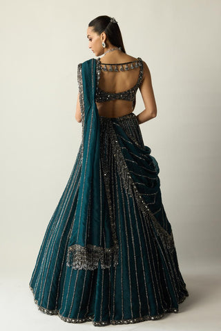 Lehenga Set for Indian Wedding – Green Teal Linear by Vvani By Vani Vats