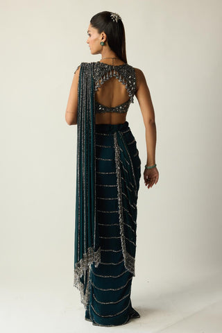 Draped Saree for Indian Wedding – Green Teal Linear by Vvani By Vani Vats