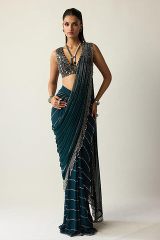 Draped Saree for Indian Wedding – Green Teal Linear by Vvani By Vani Vats