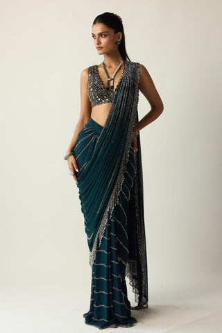 Draped Saree for Indian Wedding – Green Teal Linear by Vvani By Vani Vats
