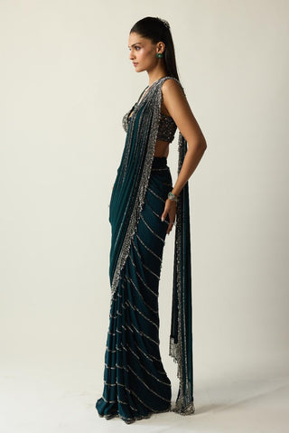 Draped Saree for Indian Wedding – Green Teal Linear by Vvani By Vani Vats