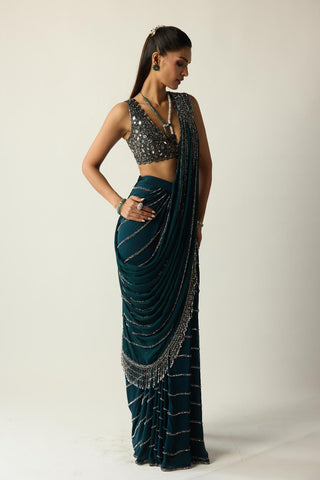 Draped Saree for Indian Wedding – Green Teal Linear by Vvani By Vani Vats