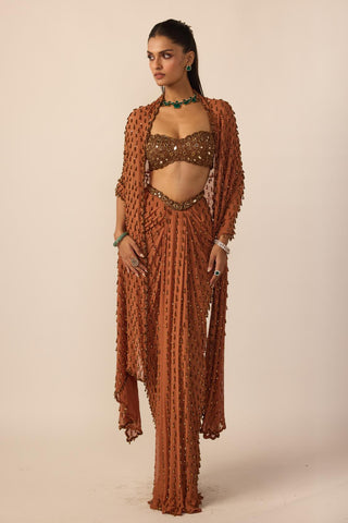 Saree Set for Indian Wedding – Brown Copper Single Drop by Vvani By Vani Vats