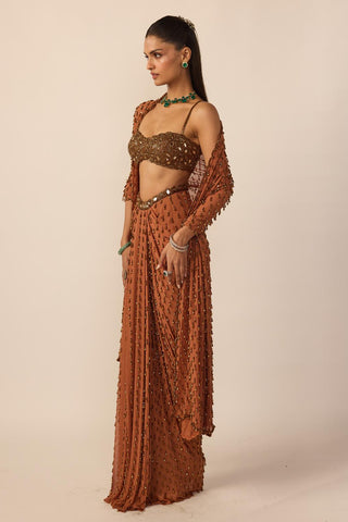 Saree Set for Indian Wedding – Brown Copper Single Drop by Vvani By Vani Vats