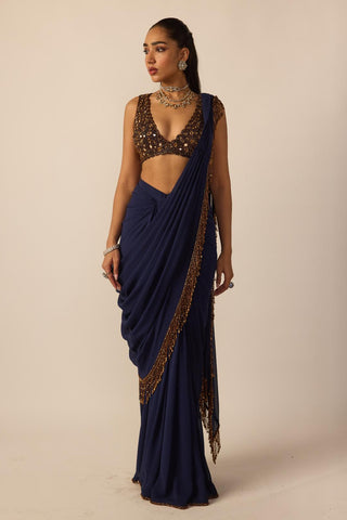 Saree for Indian Wedding – Deep Blue Georgette Tassel by Vvani By Vani Vats