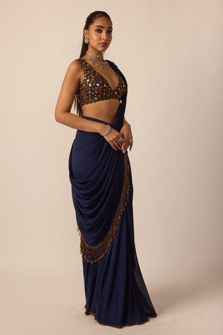 Saree for Indian Wedding – Deep Blue Georgette Tassel by Vvani By Vani Vats