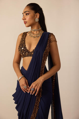 Saree for Indian Wedding – Deep Blue Georgette Tassel by Vvani By Vani Vats