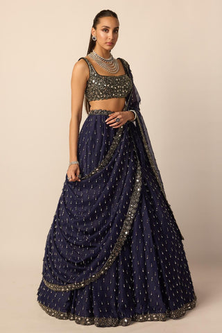 Lehenga Set for Indian Wedding – Deep Blue Single Drop by Vvani By Vani Vats