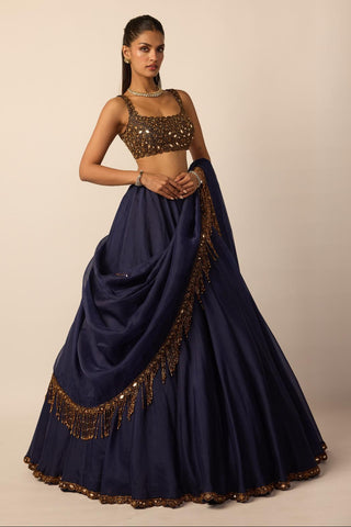 Lehenga Set for Indian Wedding – Deep Blue Tassel Dupatta by Vvani By Vani Vats