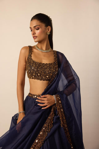 Lehenga Set for Indian Wedding – Deep Blue Tassel Dupatta by Vvani By Vani Vats