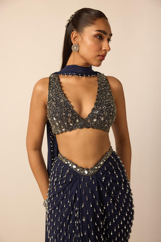 Draped Skirt for Contemporary Wear – Deep Blue Single Drop by Vvani By Vani Vats