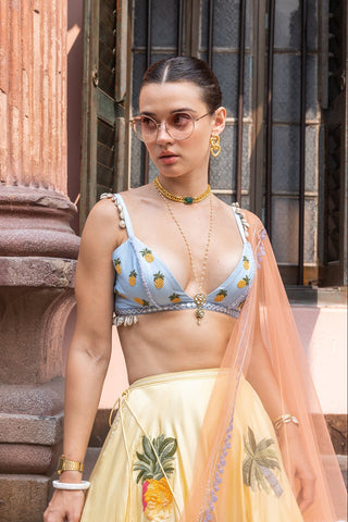 Lehenga Set for Indian Wedding - Yellow Pineapple Palm Lehenga Set by The Little Black Bow at Mrs. G