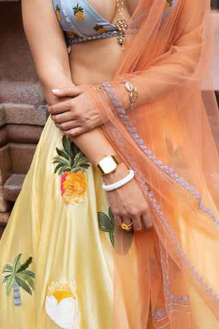 Lehenga Set for Indian Wedding - Yellow Pineapple Palm Lehenga Set by The Little Black Bow at Mrs. G