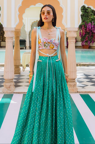 Bandhani Lehenga Set for Indian Wedding - Green Bandhani Bralette Lehenga Set by The Little Black Bow at Mrs. G