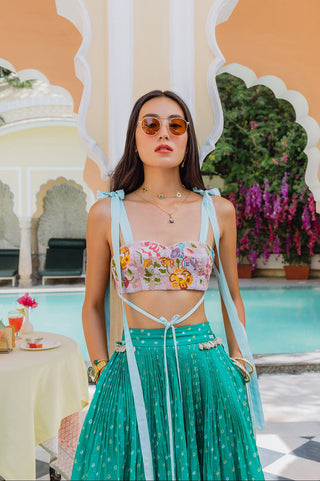 Bandhani Lehenga Set for Indian Wedding - Green Bandhani Bralette Lehenga Set by The Little Black Bow at Mrs. G