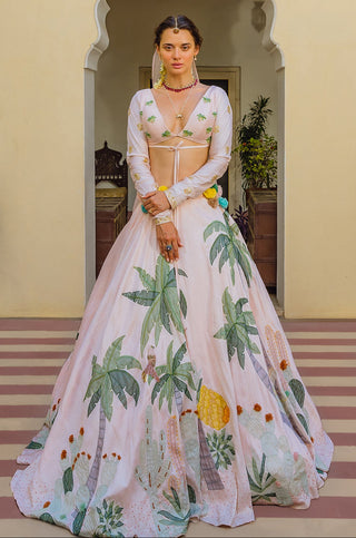Lehenga Set for Indian Wedding - Pink Palm Appliqué Lehenga Set by The Little Black Bow at Mrs. G