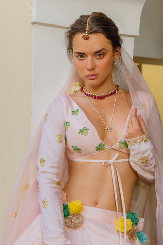 Lehenga Set for Indian Wedding - Pink Palm Appliqué Lehenga Set by The Little Black Bow at Mrs. G
