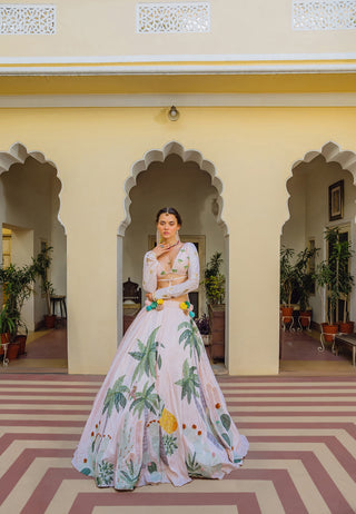 Lehenga Set for Indian Wedding - Pink Palm Appliqué Lehenga Set by The Little Black Bow at Mrs. G