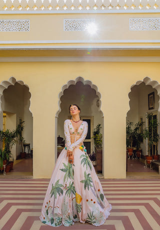 Lehenga Set for Indian Wedding - Pink Palm Appliqué Lehenga Set by The Little Black Bow at Mrs. G