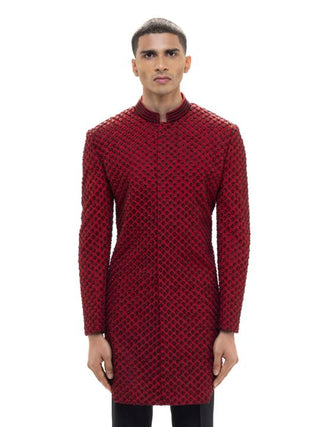 Red Beaded Embroidery Achkan Set