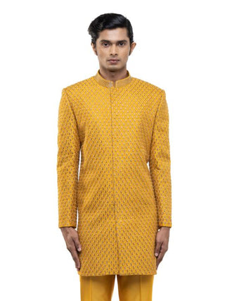 Yellow Beaded Embroidery Sherwani Set