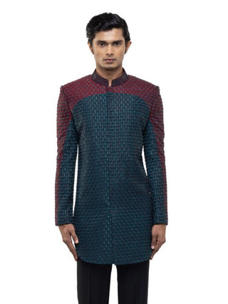 Blue Color Block Sherwani Set