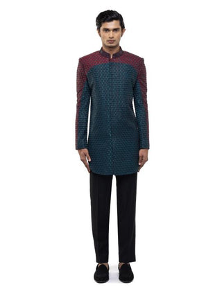 Blue Color Block Sherwani Set