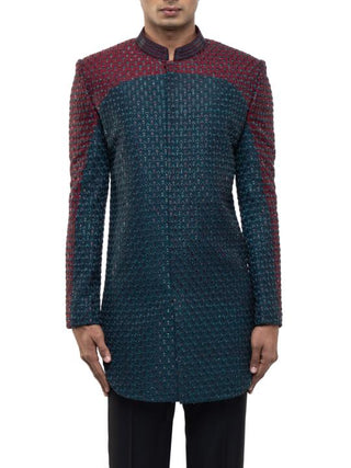 Blue Color Block Sherwani Set