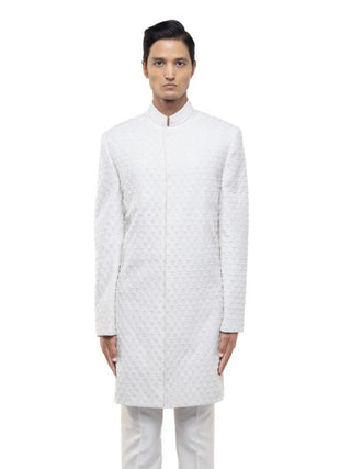 White Beaded Embroidery Sherwani Set