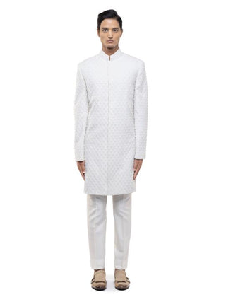 White Beaded Embroidery Sherwani Set