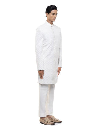 White Beaded Embroidery Sherwani Set