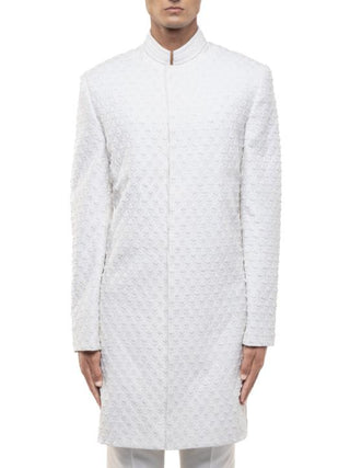 White Beaded Embroidery Sherwani Set
