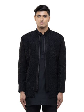 Black floral embroidery open bandhgala set