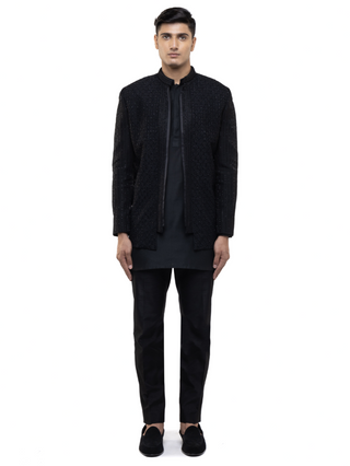 Black floral embroidery open bandhgala set