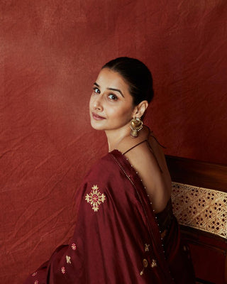 Mahogany embroidered silk saree with blouse