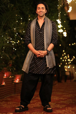 Black silver resham line embroidered kurta