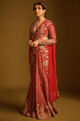 Red sagan safarnama saree skirt set