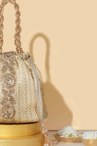 Gold yari embroidered bucket bag