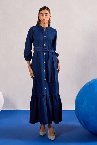 Denim Maxi Dress Contemporary Wear – Blue Flowy Dress by Zazu