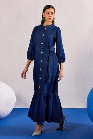 Denim Maxi Dress Contemporary Wear – Blue Flowy Dress by Zazu