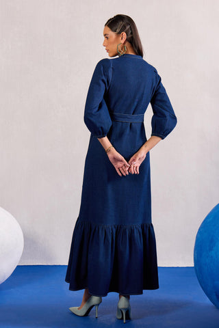 Denim Maxi Dress Contemporary Wear – Blue Flowy Dress by Zazu